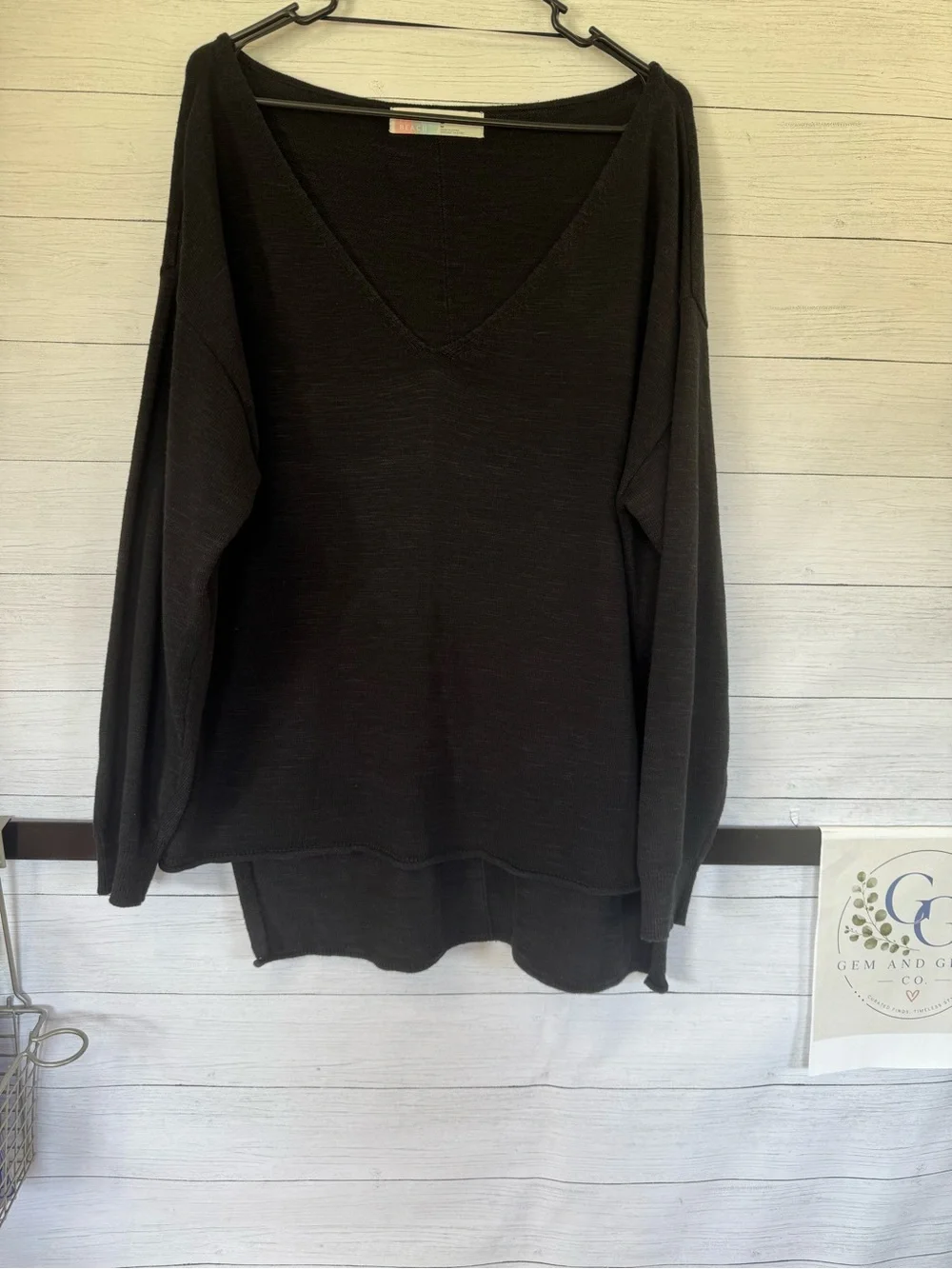 Free People FP Beach Oversized Black Linen Blend V-Neck Sweater M Boho Coastal